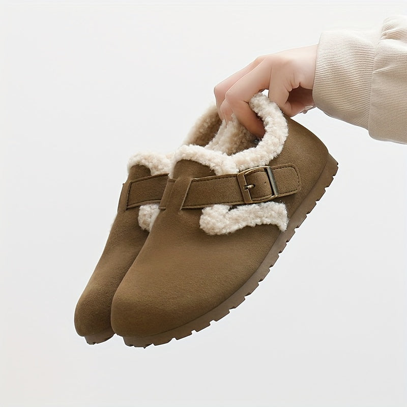 Women's Flannel-Lined Ankle Booties Casual Flat Heel Buckle Closure