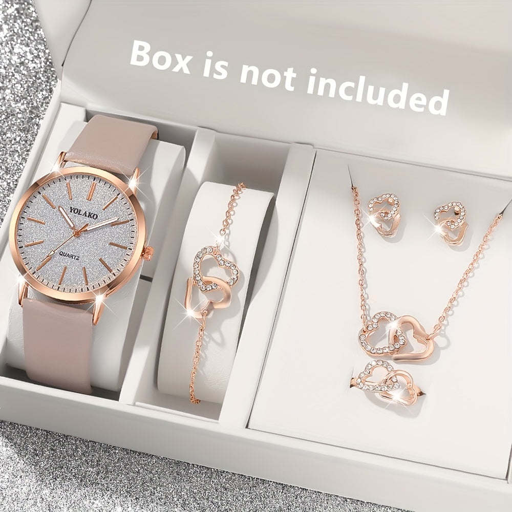 Women's Quartz Watch Set with Heart Jewelry, 6-Piece, Faux Leather Strap
