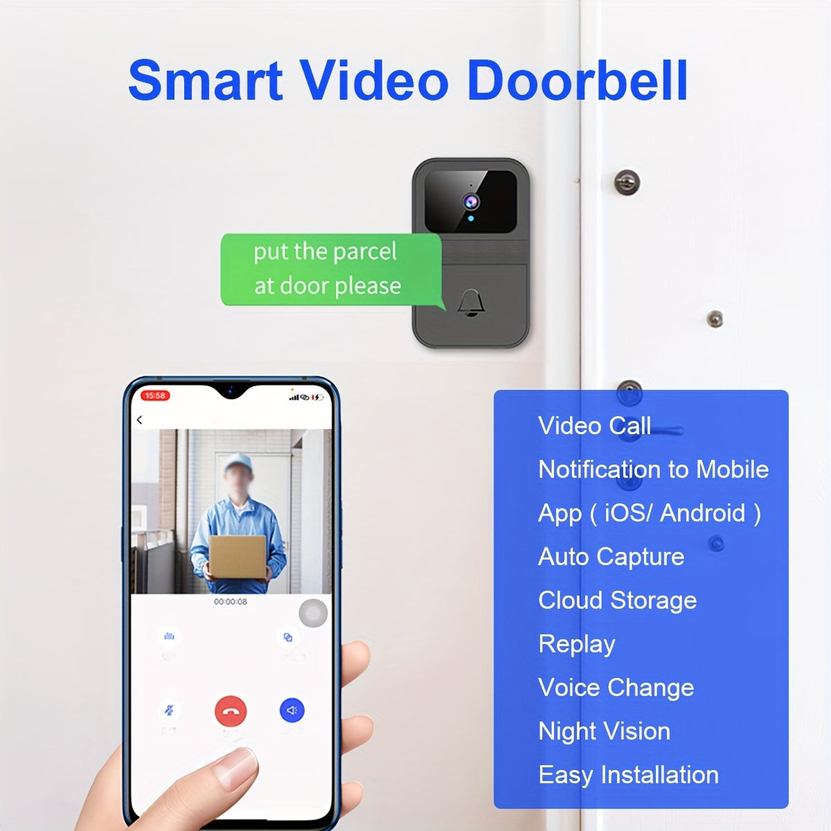 Wireless Video Doorbell with Night Vision Video Call Auto Capture Cloud Storage Easy Installation