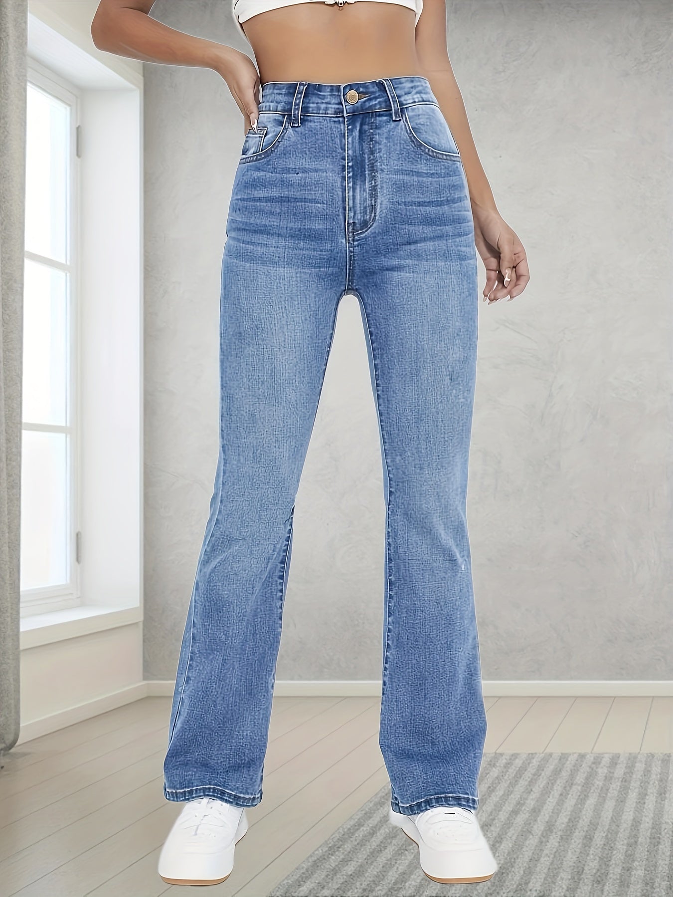 Women's Washed Blue Flare Leg Jeans with High Stretch and Bell Bottom Style