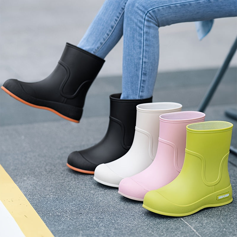 Women's Slip-On Mid-Calf Boots All-Season Non-Slip PVC Black Gray Pink