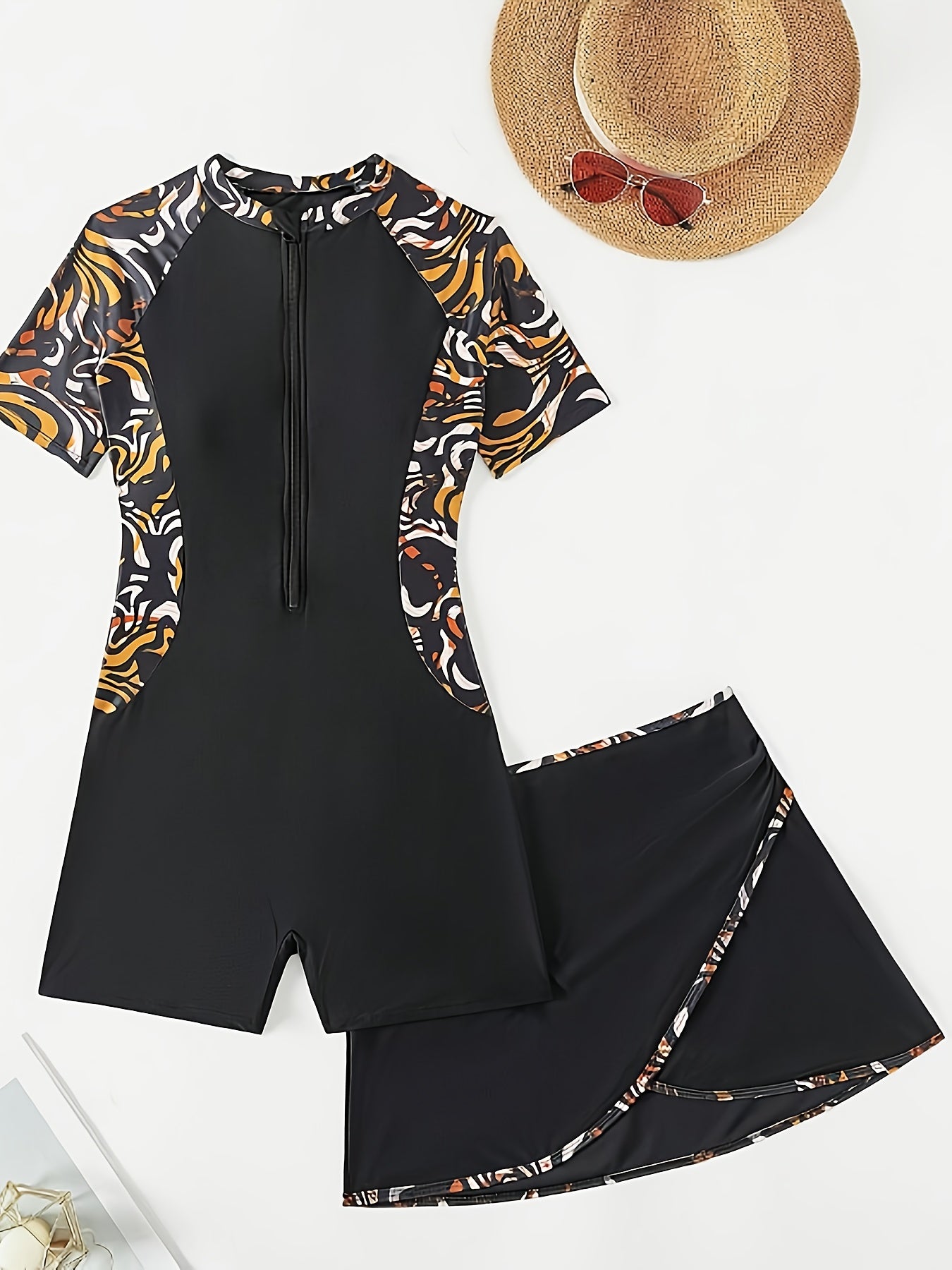 Women’s Striped Polyester Two-Piece Swimsuit Set with Zipper and High Stretch Fabric