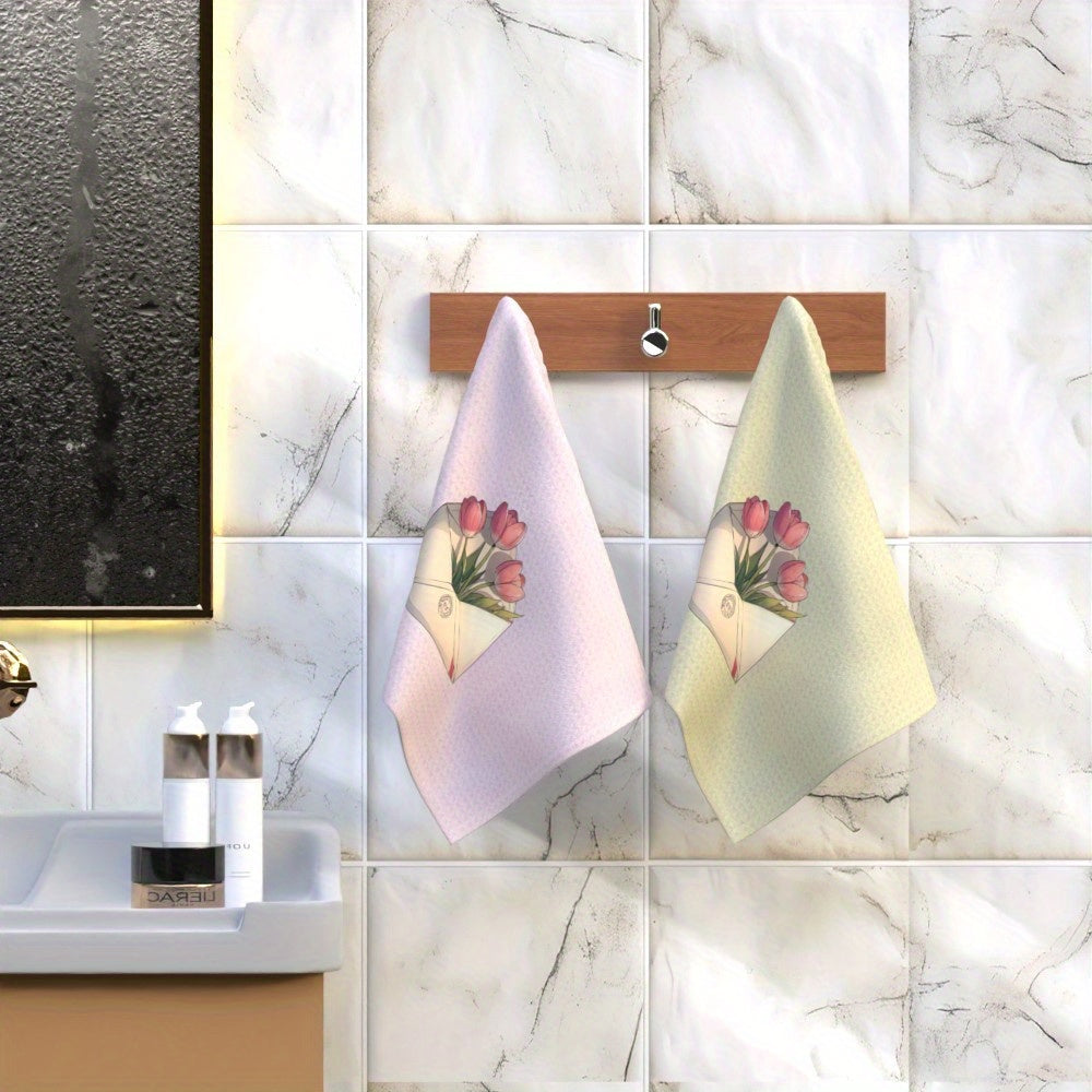 Set of 2 Cartoon Tulip Print Towels, Soft Quick-Drying Kitchen Bathroom Decor