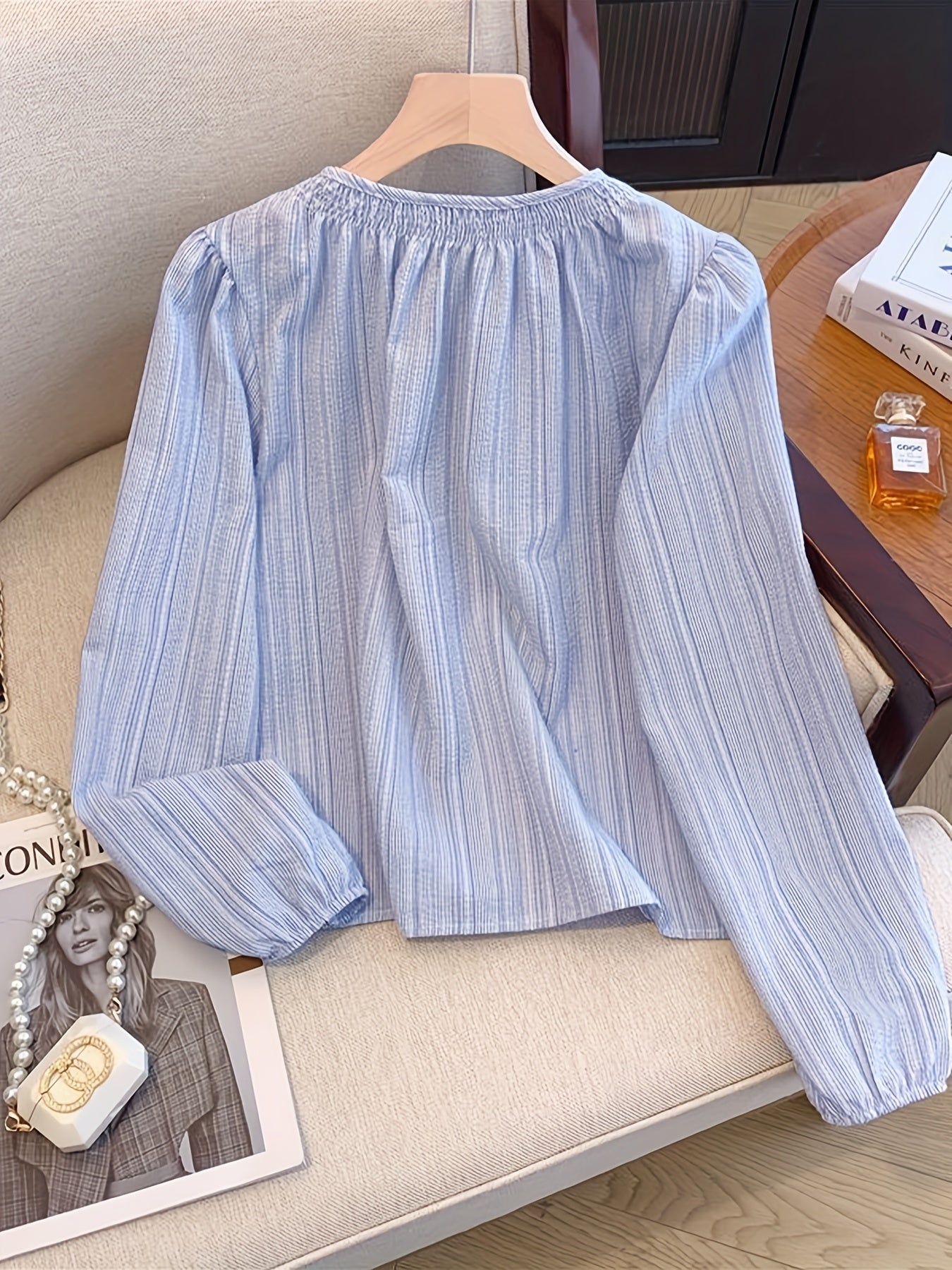 Women's Light Blue Striped Polyester Blouse with Ruffled Cuffs and Half Placket