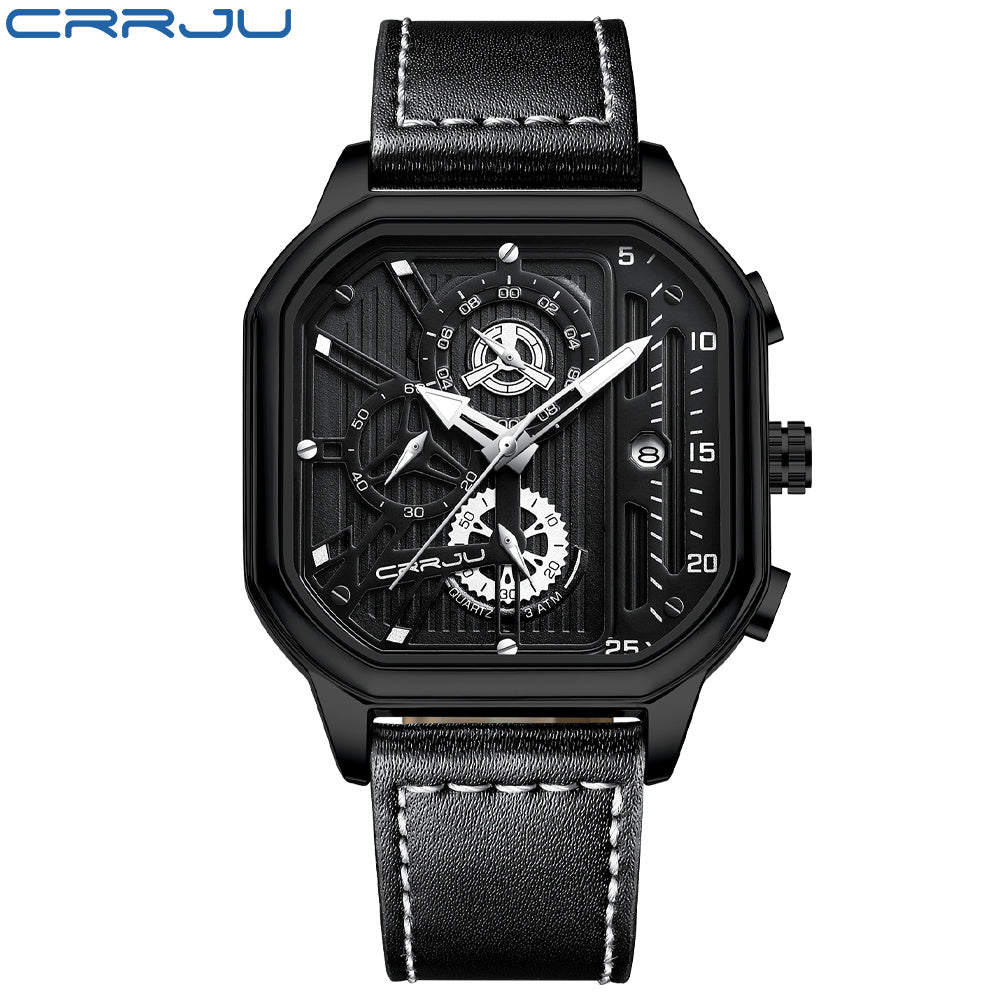 Men's Black Stainless Steel Chronograph Watch with Leather Strap