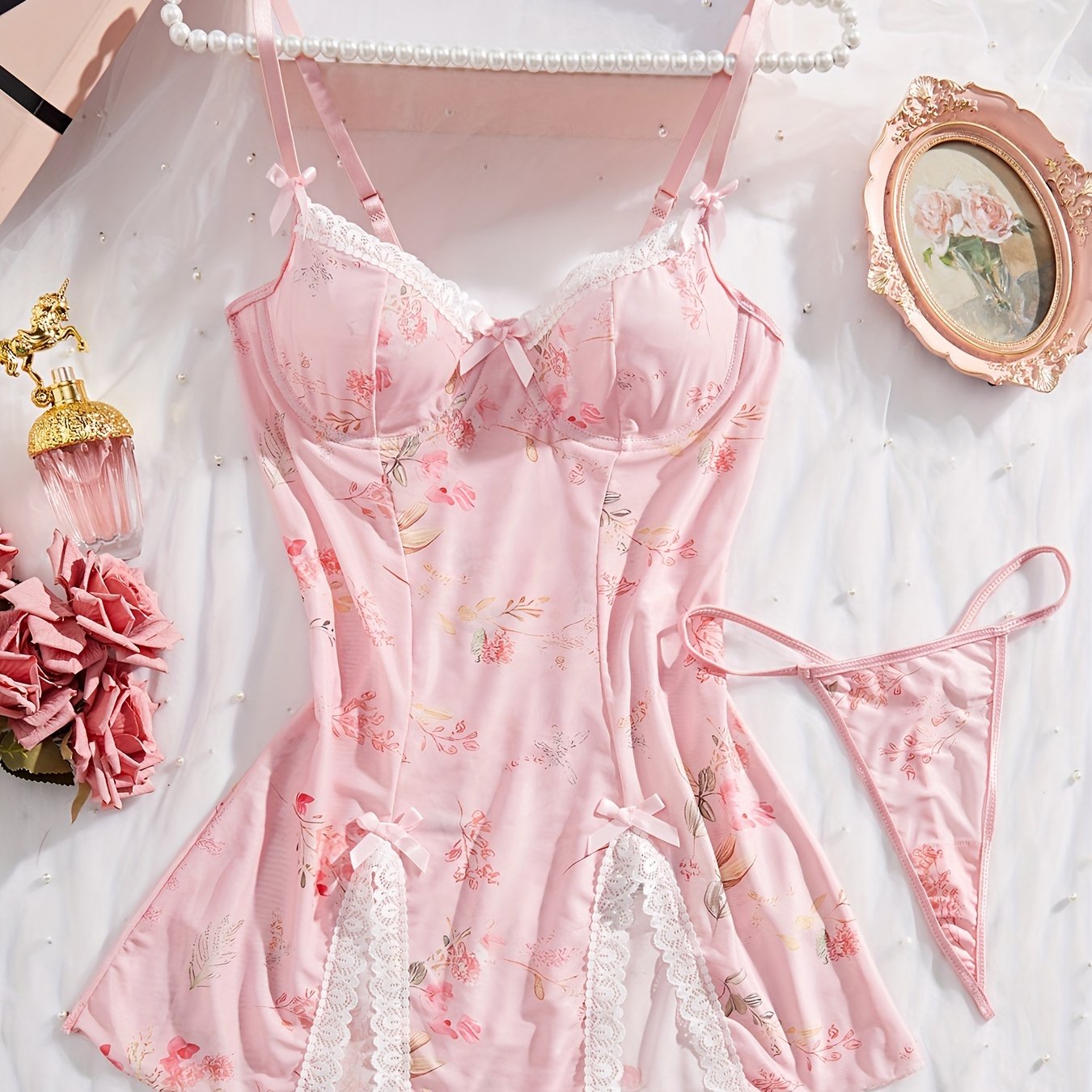 Кружевной бабидолл комплект нижнего белья с бантиком - полупрозрачная, эластичная ткань для женщин.