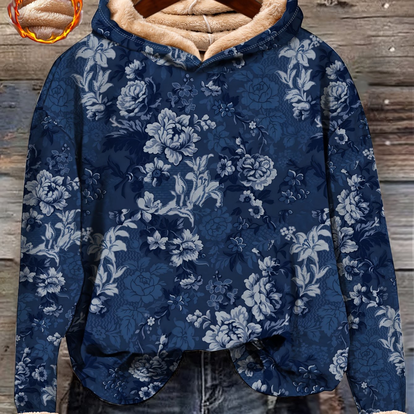 Plus o'lcham ayollar uchun fleece bilan qoplangan gulliy bosma kapüşonli uzun qolli kundalik svitshot