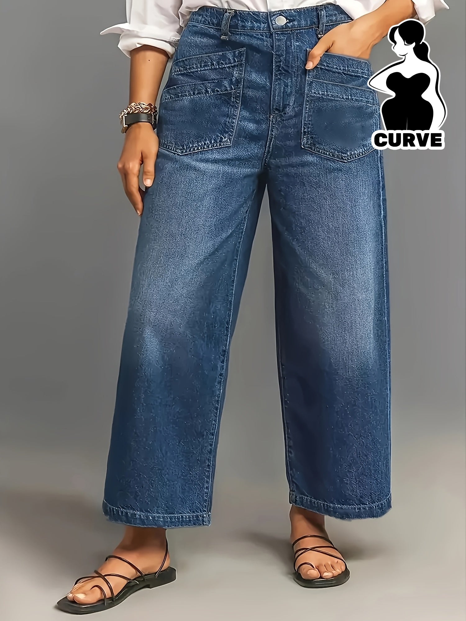 Women's High-Stretch Wide Leg Denim Jeans with Slash Pockets and Button Closure