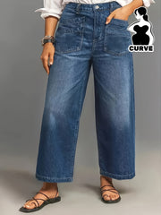Women's High-Stretch Wide Leg Denim Jeans with Slash Pockets and Button Closure