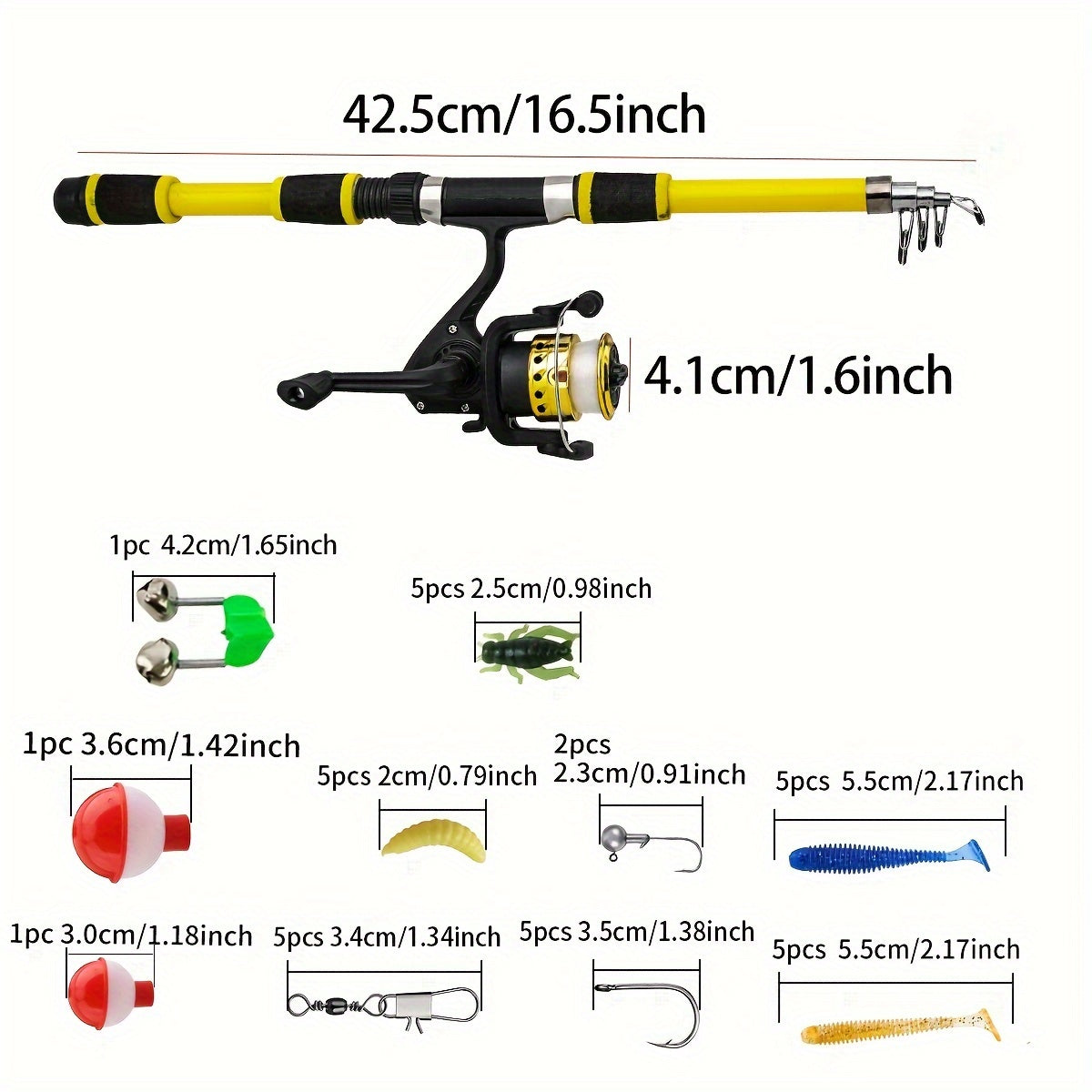 Telescopic Fishing Rod and Reel Combo with Soft Bait Set, Carry Case, Medium Fast Action, Fiberglass, Yellow