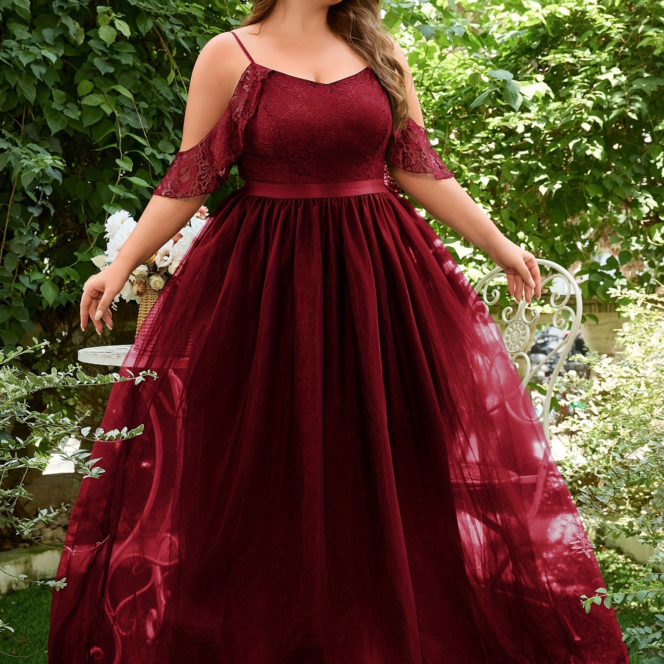 Plus Size Women's Lace Tulle Off-Shoulder Evening Gown Burgundy A-Line Mermaid Party Dress