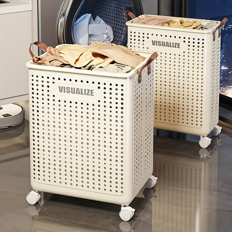 White Ceramic-Style Laundry Basket with Wheels Large Capacity Ventilated Portable