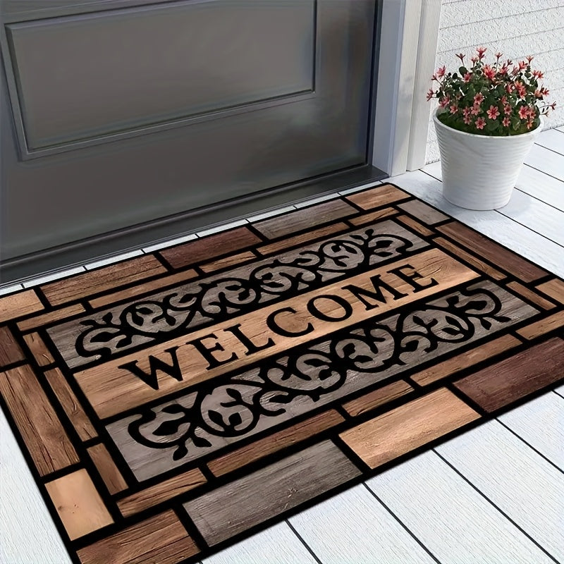 Wood-Texture Door Mat with Anti-Slip Backing, Stain-Resistant Polyester