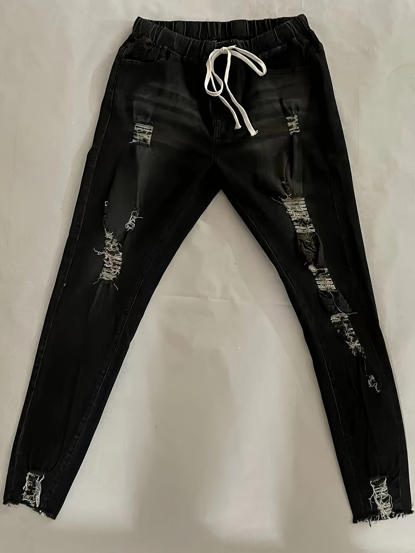 Plus Size Denim Jeans with Ripped Raw Hem and Elastic Drawstring Waist