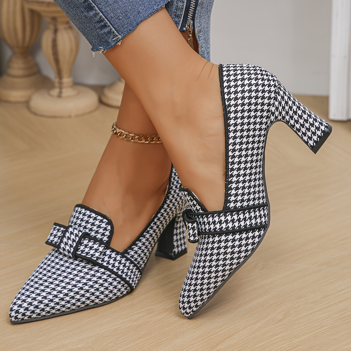 Women's Houndstooth Pumps with Bow Pointed Toe Block Heels Office Shoes
