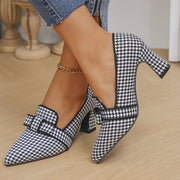 Women's Houndstooth Pumps with Bow Pointed Toe Block Heels Office Shoes