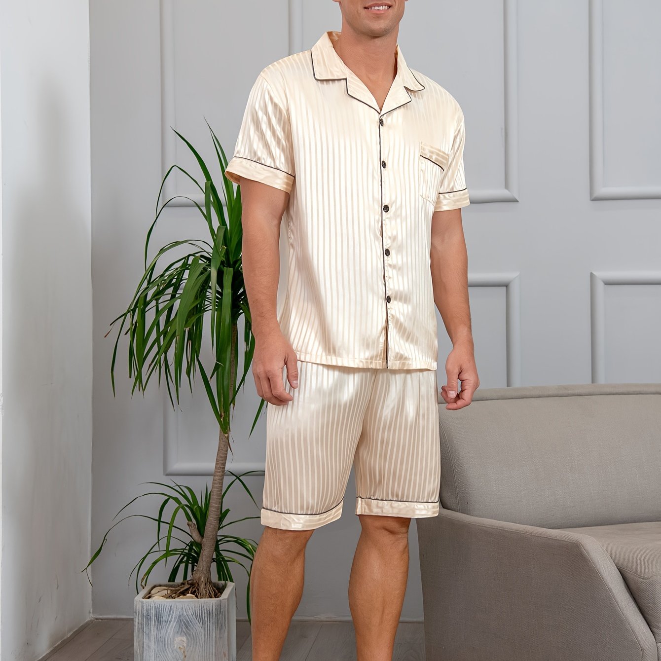 Men's Reversible Collar Summer Pajama Set with Silky Breathable Fabric