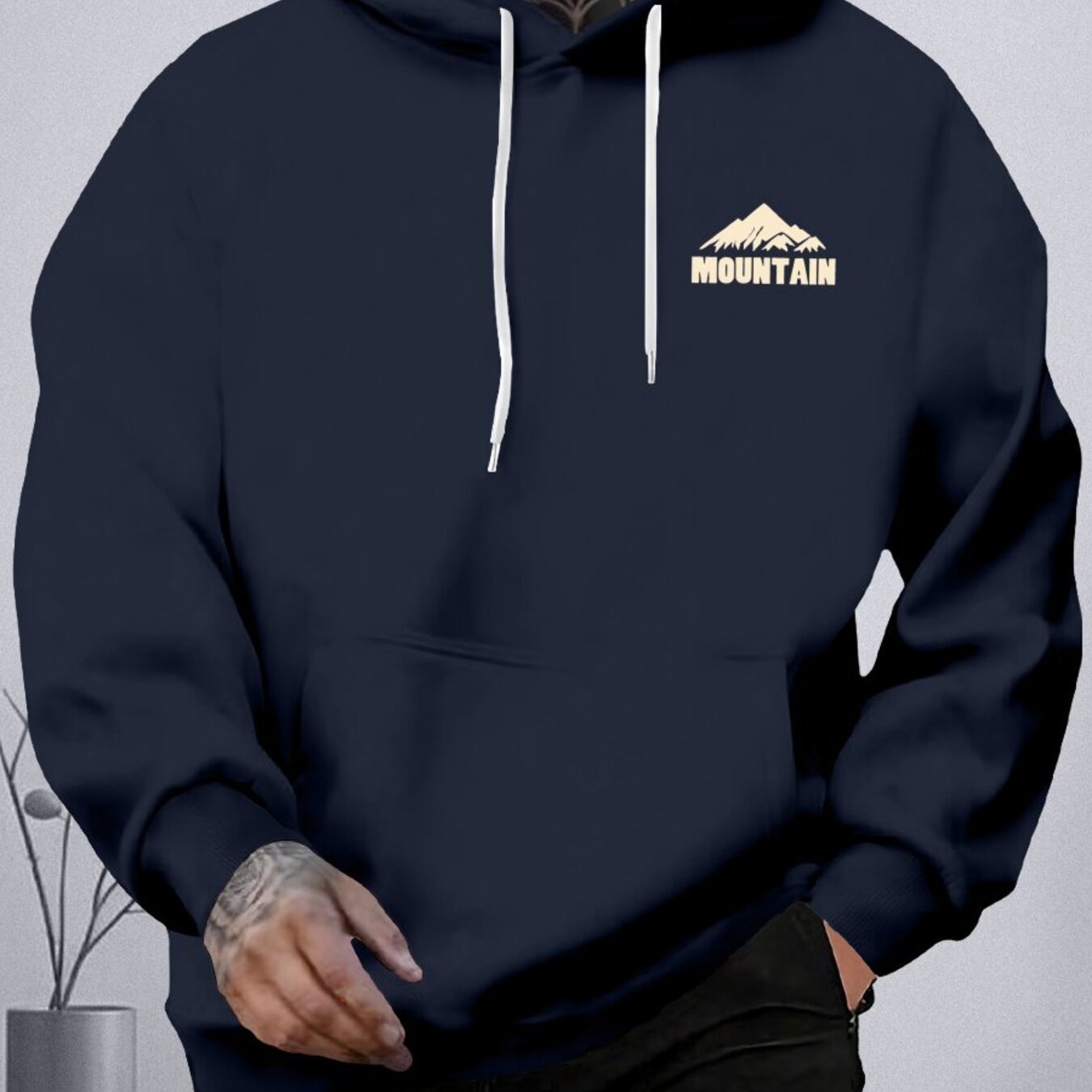 Sudadera de poliéster con forro de vellón con estampado de montaña para hombre de tallas grandes