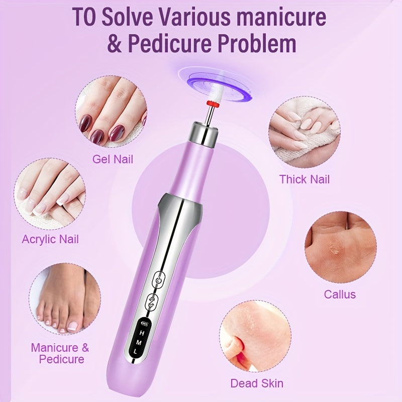 Portable Electric Nail Drill with USB Charging 3-Speed Low Noise Manicure Pedicure Tool