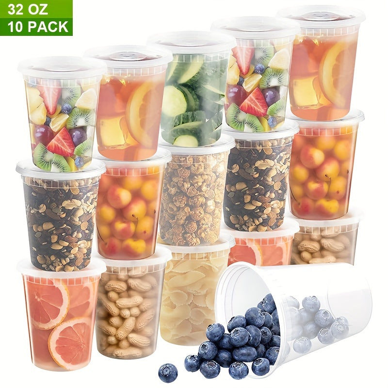 10 Sets 32 Oz Plastic Food Containers with Lids for Freezing and Storage