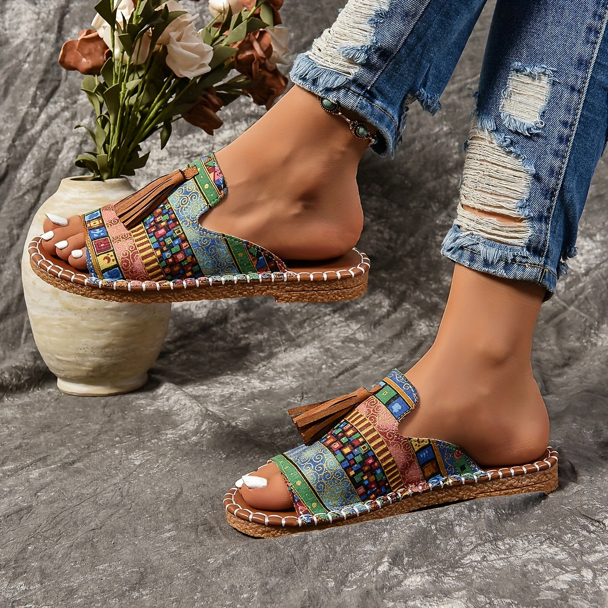 Women's Bohemian Flat Sandals with Tassels, Rubber Soles, Hand Washable