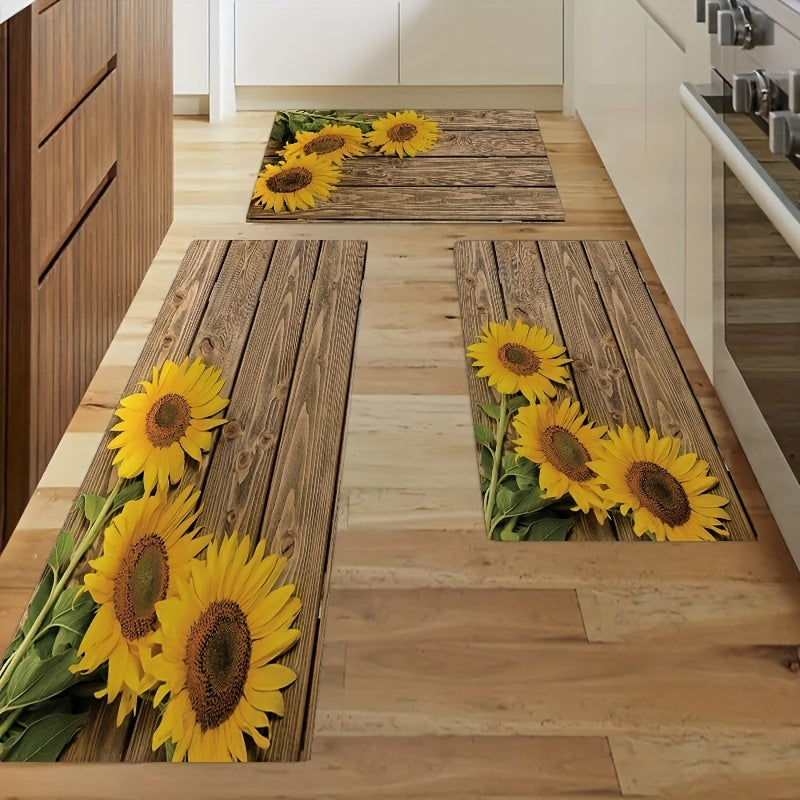 Sunflower Kitchen Rug and Mat Set Vintage Yellow Non-Slip Washable