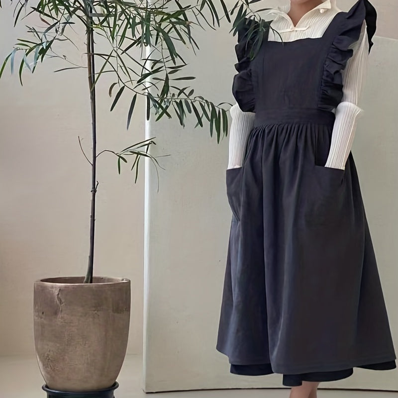 Women's Woven Fabric Apron with Pockets Solid Color 180gsm