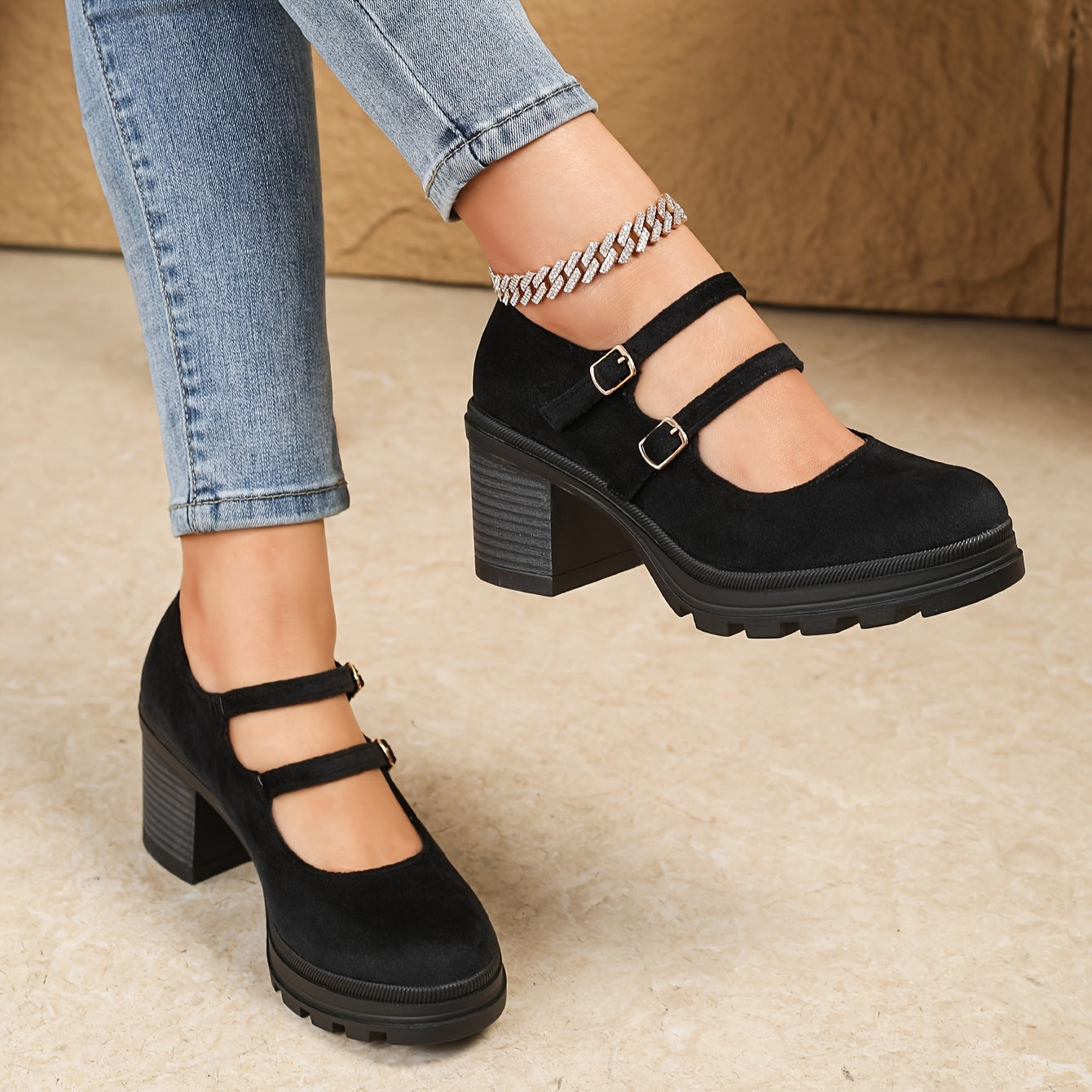 Women's Retro Chunky Heel Mary Jane Dance Shoes Beige Platform Slip-On Loafers