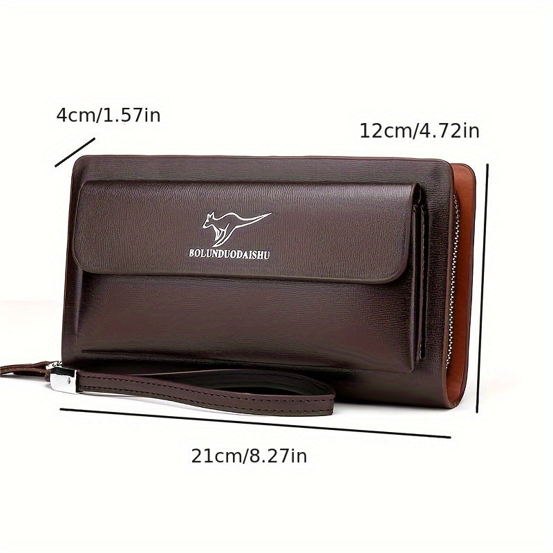 Men's Large Capacity Black Leather Wallet with Double Zipper and Wrist Strap for Office Use