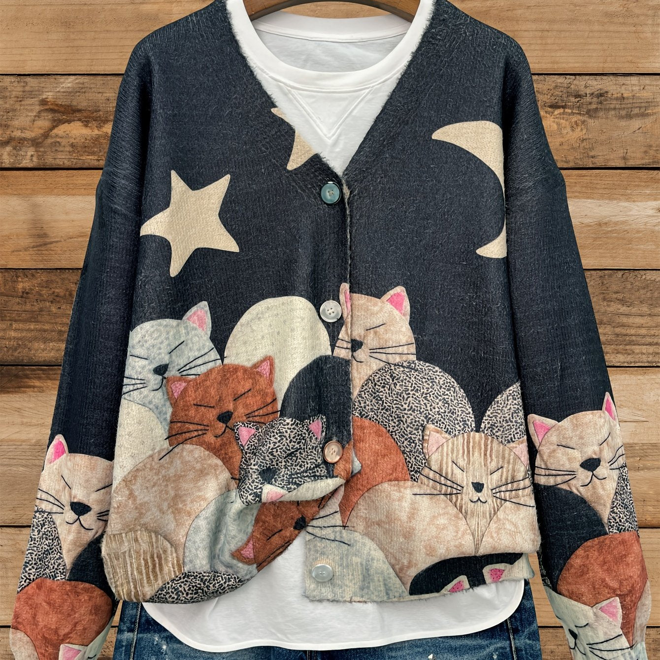 Cárdigan de efecto punto para mujer con estampado y cuello en V oversize