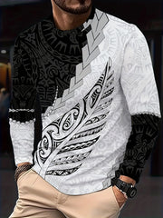 Camiseta de manga larga casual para hombre de poliéster con cuello redondo y estampado aleatorio