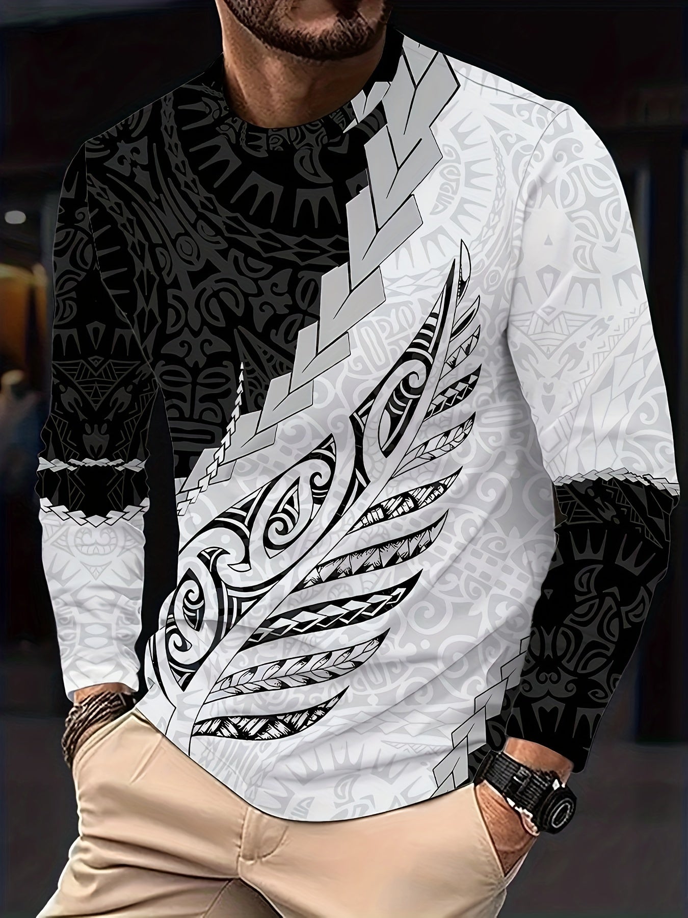 Camiseta de manga larga casual para hombre de poliéster con cuello redondo y estampado aleatorio