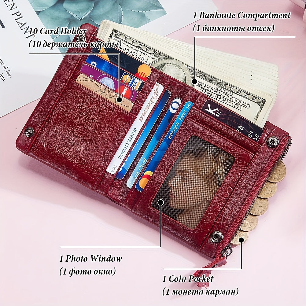 Women's RFID Blocking Red Leather Vintage Wallet with Zipper Closure
