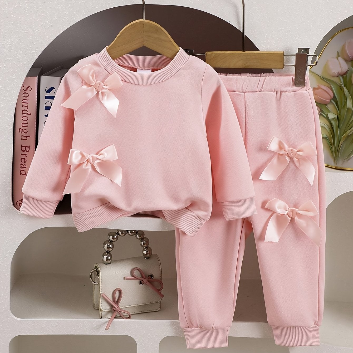 Baby Girls' Pink Sweatshirt and Pants Set with Bows for Spring and Fall