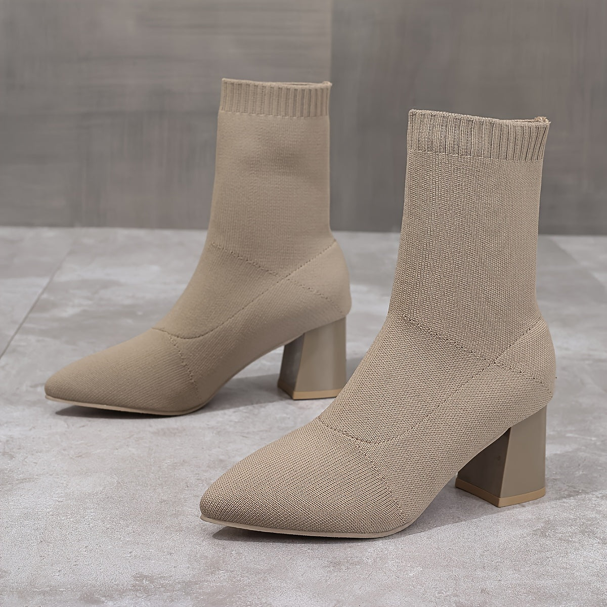 Women's Knit Chunky Heel Short Boots, Pointed Toe, Formal Casual
