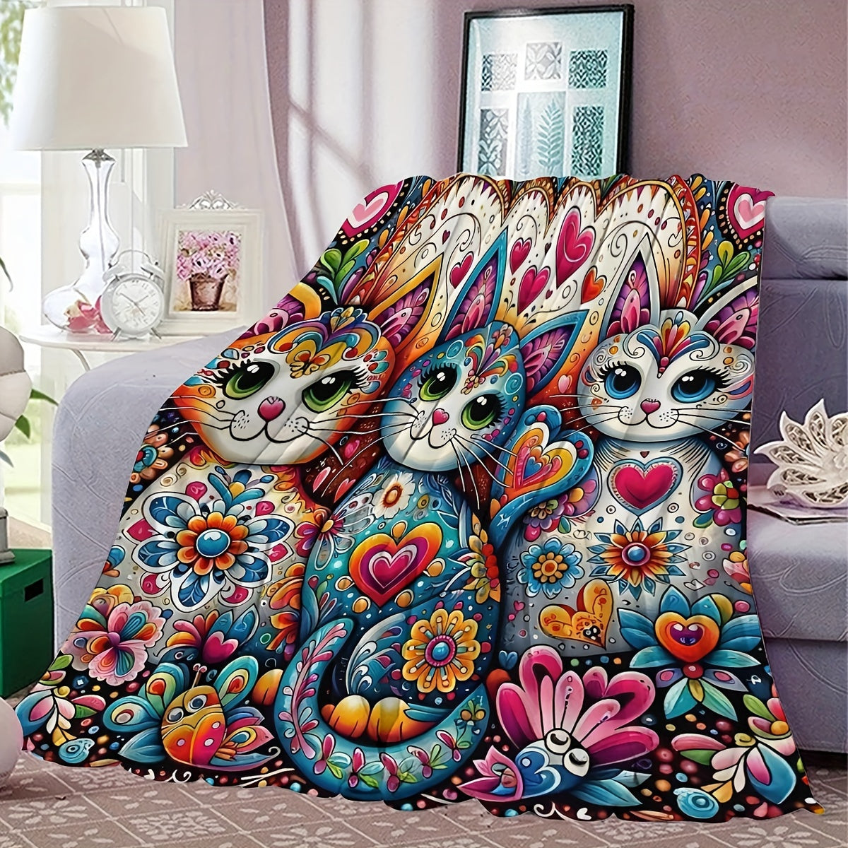 Manta de felpa con estampado de gatos coloridos, hecha de poliéster, estilo cartoon, decoración para el hogar