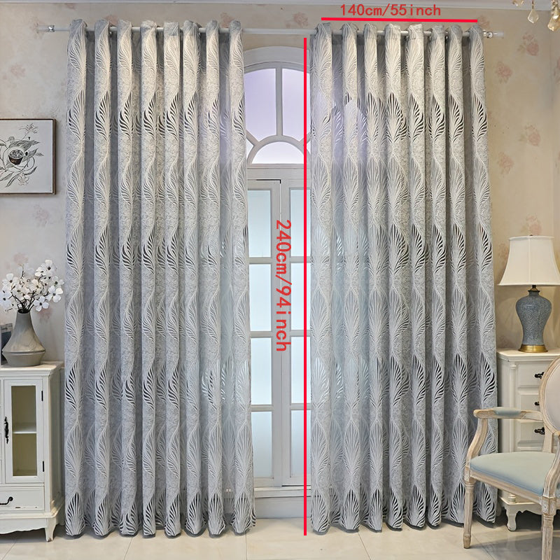 Grey Retro Feather Leaves Jacquard Yarn Curtain for Bedroom Living Room Office