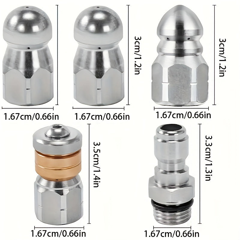 5pc Stainless Steel Sewer Jetter Nozzles with Multiple Jetting Options and Quick Connector
