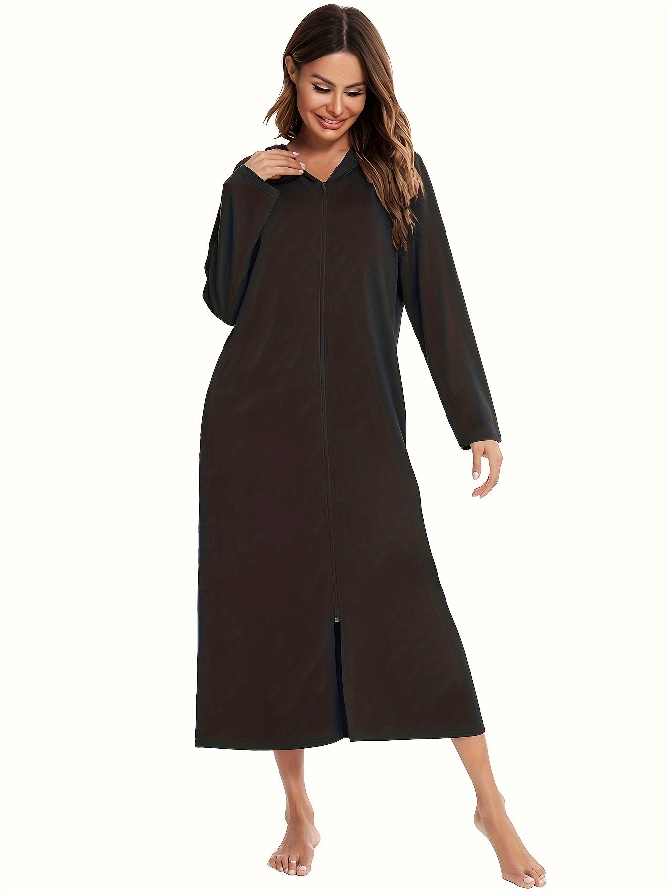 Women's Hooded Zip-Up Lounge Dress Solid Long Sleeve Casual Knit Fabric