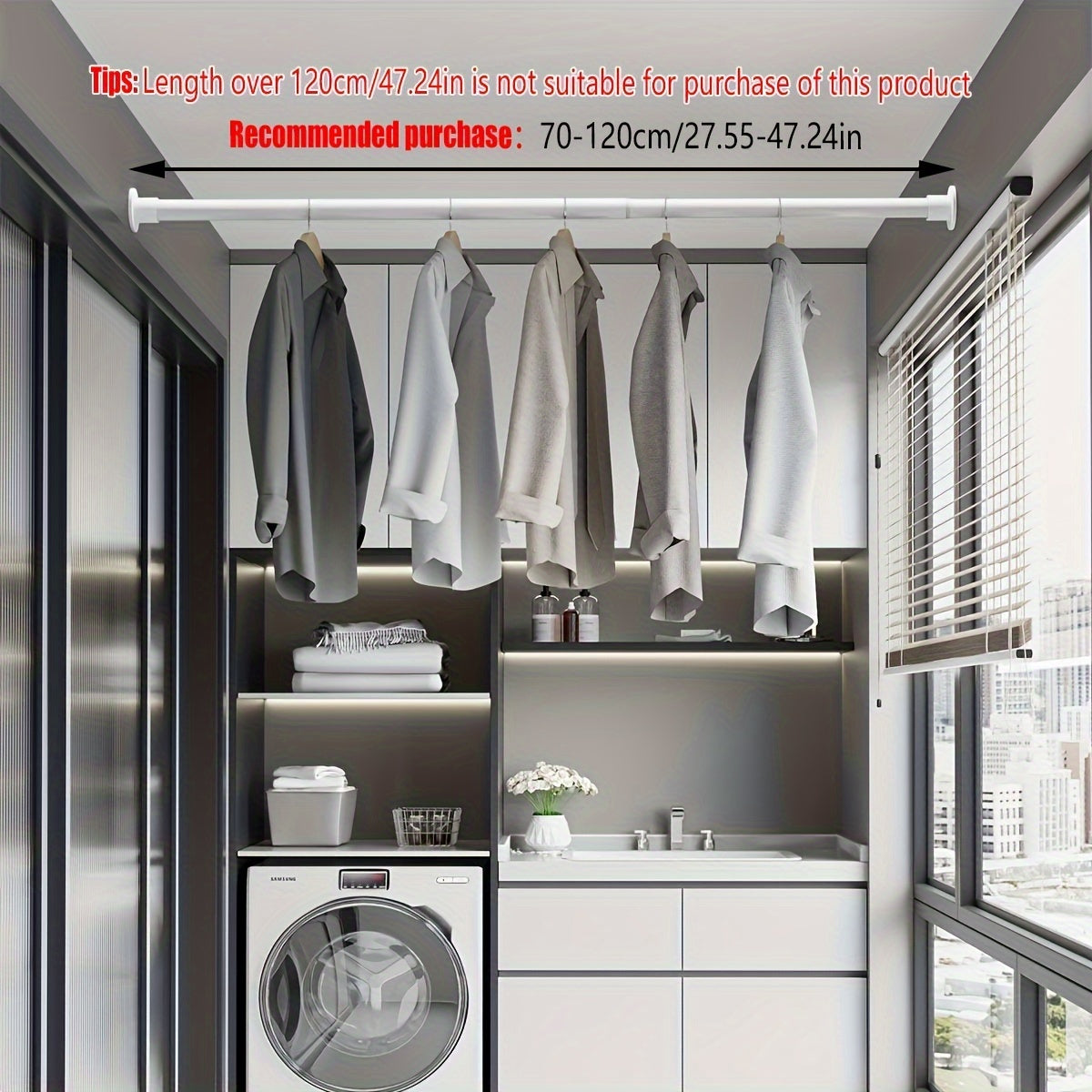 Ichki prujinasi bo'lgan teleskopik tayoq turli foydalanishlar uchun kuchli tortish kuchini ta'minlaydi, masalan, dush pardalari, quritish tokchalari, deraza bezaklari, Rim tayoqlari va shkafni qo'llab-quvvatlash.