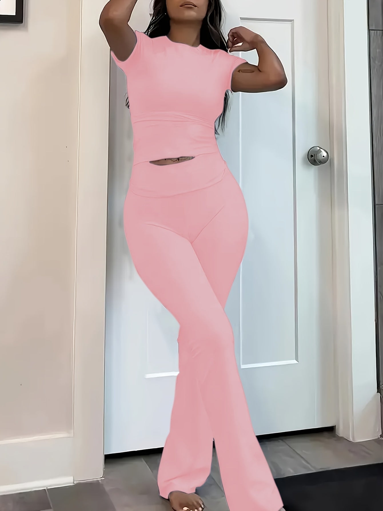 Women's Lounge Set Short Sleeve Crew Neck Crop Top with Ruched Pants Solid Color All-Season