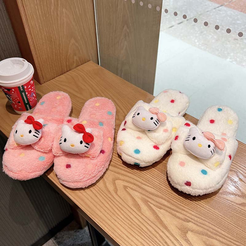 Women's Plush Polka Dot Slippers with Red Bows Fleece Lining Indoor House Shoes