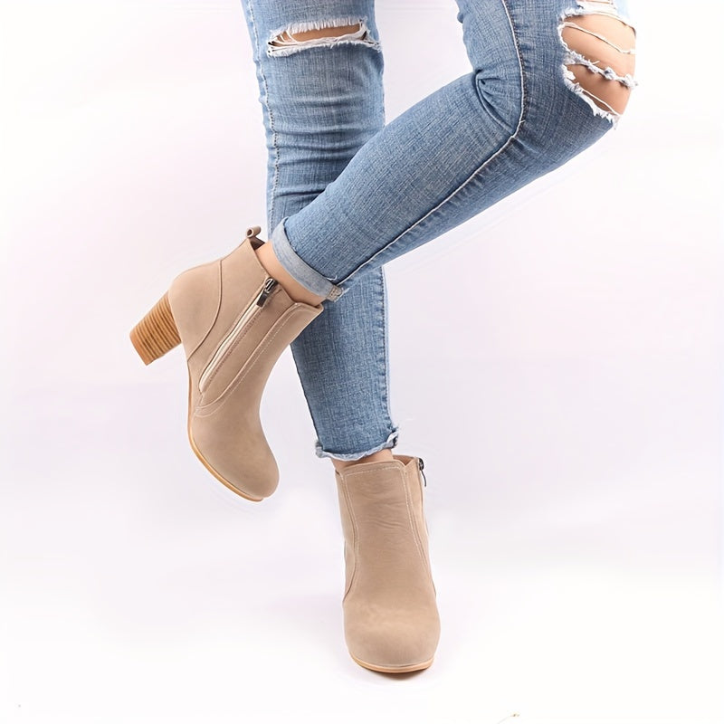 Women's Beige Fabric Ankle Boots With Side Zipper Block Heel Platform