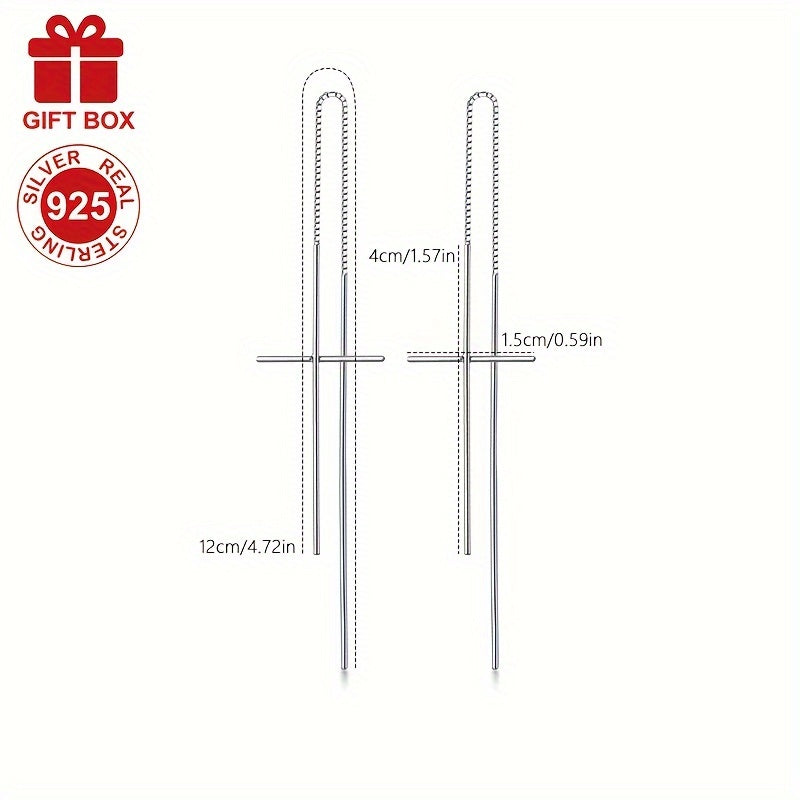 Pendientes largos de plata de ley con borla y hilo de oreja en forma de cruz para mujeres
