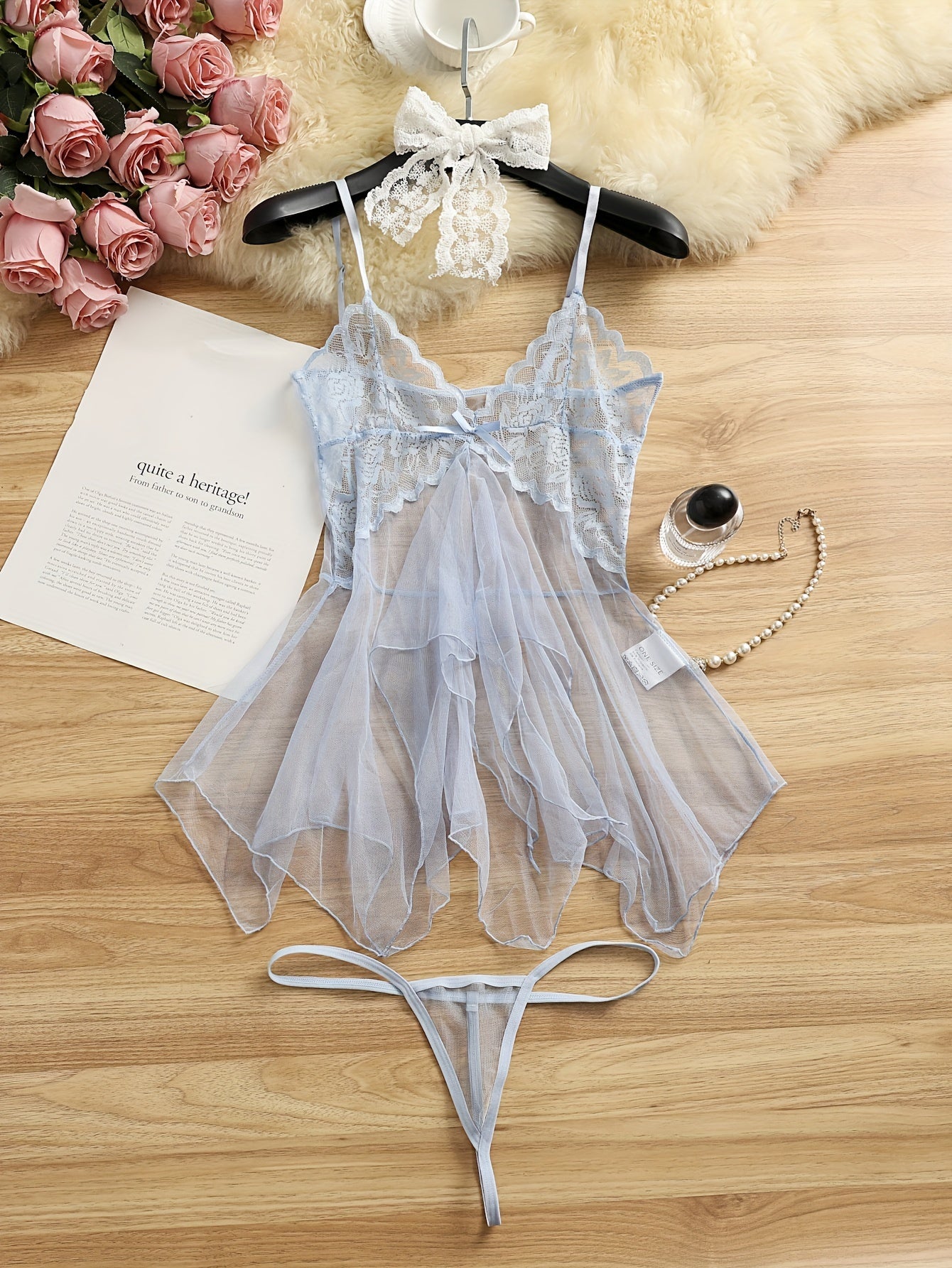 Sheer Lace Ruffle Sleepwear Set for Women with Matching Thong