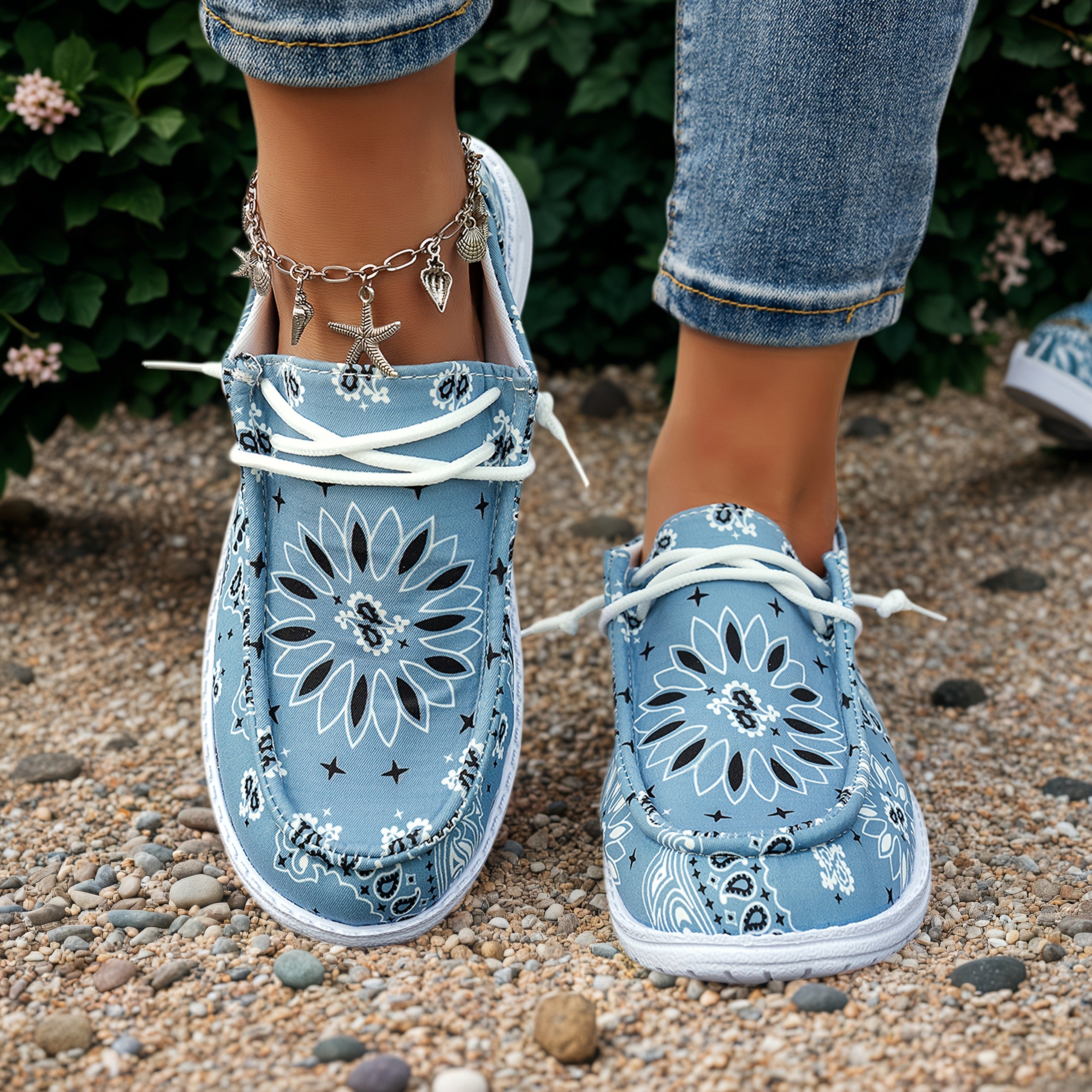 Women's Slip-On Loafers with Geometric Floral Pattern Casual Shoes Black Blue Yellow Sizes 36-43