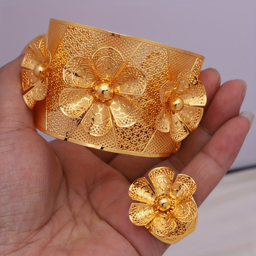 Vintage Boho Copper Jewelry Set for Women Adjustable Cuff and Ring with Floral Design