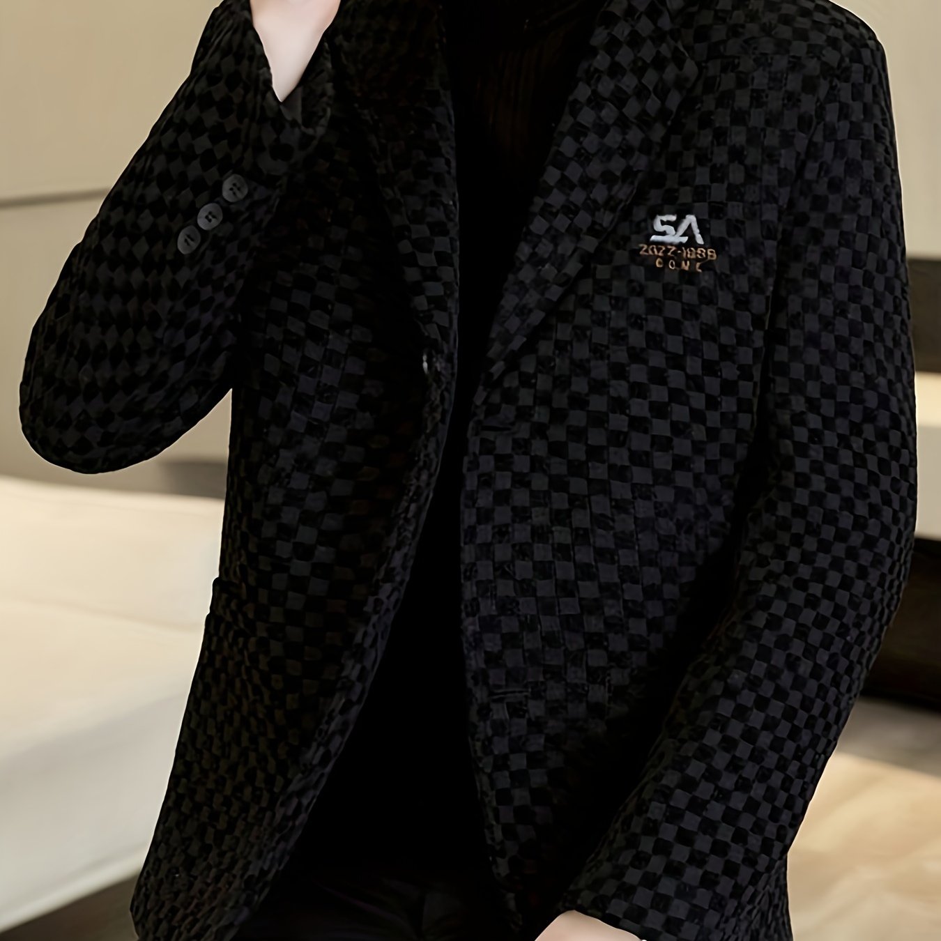 Мужской пиджак из гингема из полиэстера для осеннего сезона с лацканом и классическим кроем