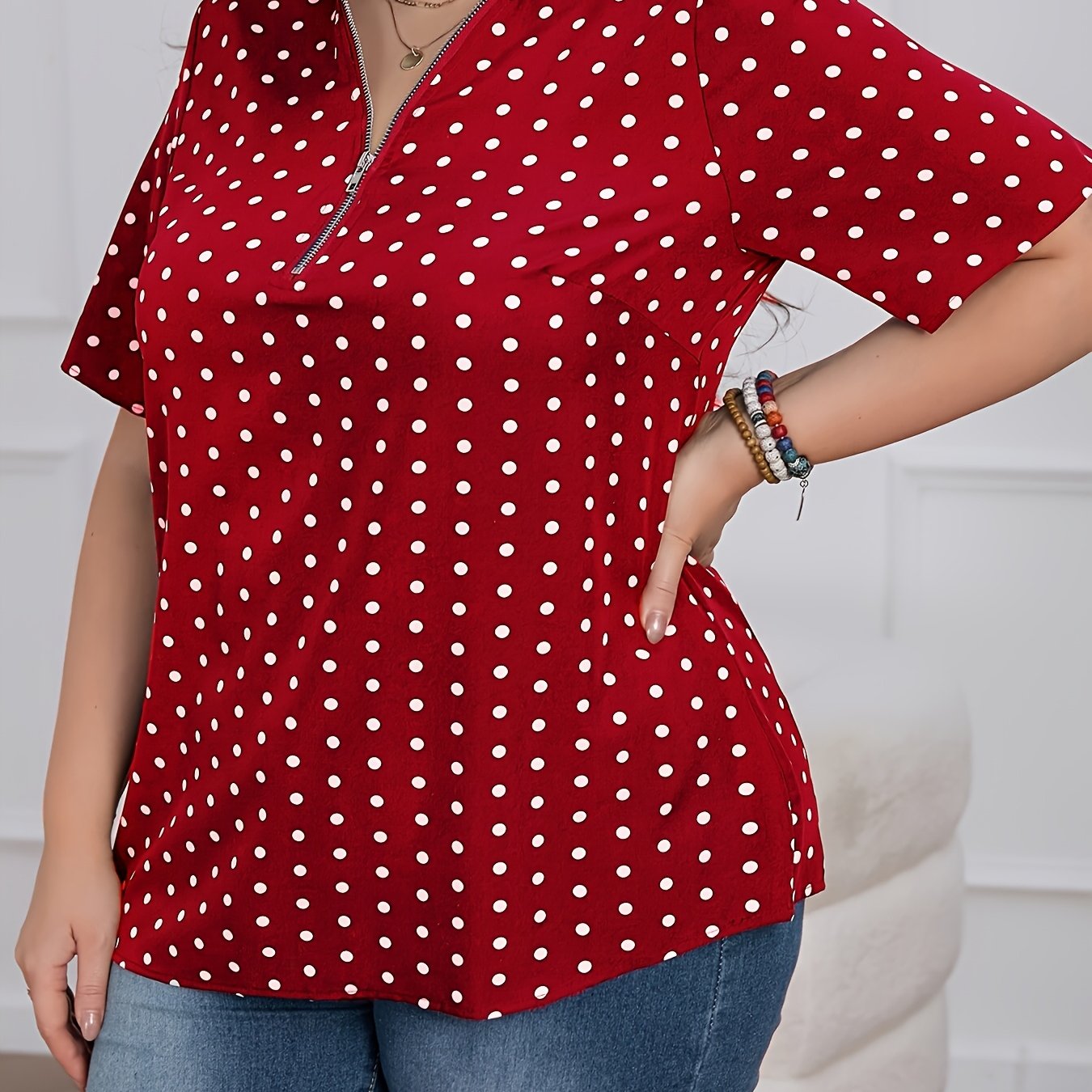 Women's Plus Size Polka Dot V-Neck Short Sleeve Zip Casual Summer Shirt