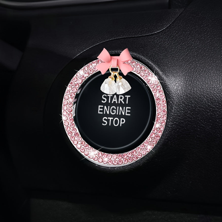 Women Alloy Crystal Car Ignition Ring with Rhinestone Bow for Start Engine